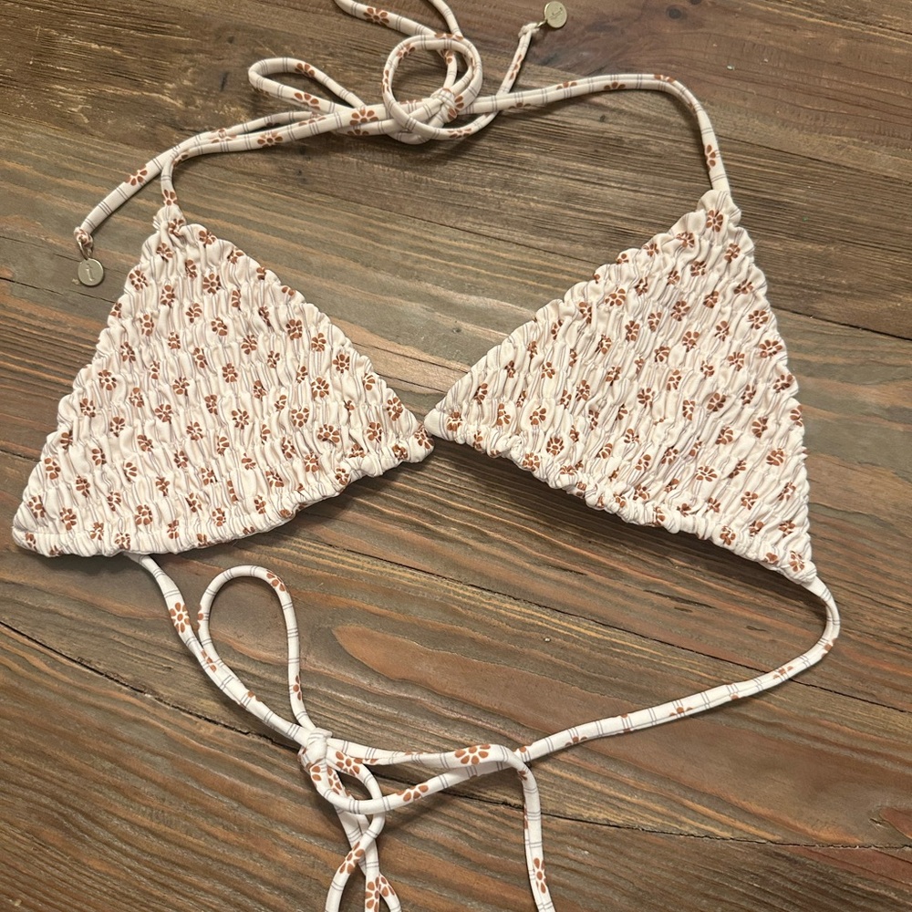 Tori Praver Swimwear Cream and Brown Bikini Top